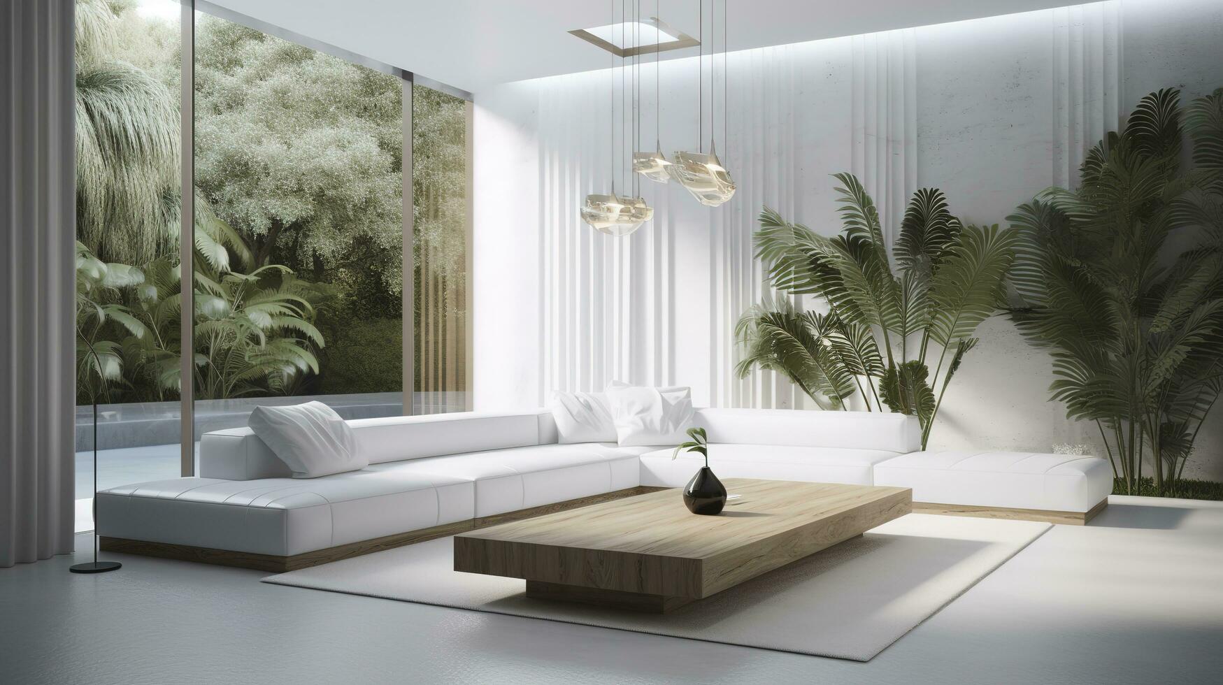 een futuristische wit minimaal interieur van een leven kamer, luxueus interieur, extra groot sofa ontwerp, tropisch planten, visie met uitzicht de natuurlijk landschap, en modern zwemmen zwembad, genereren ai foto