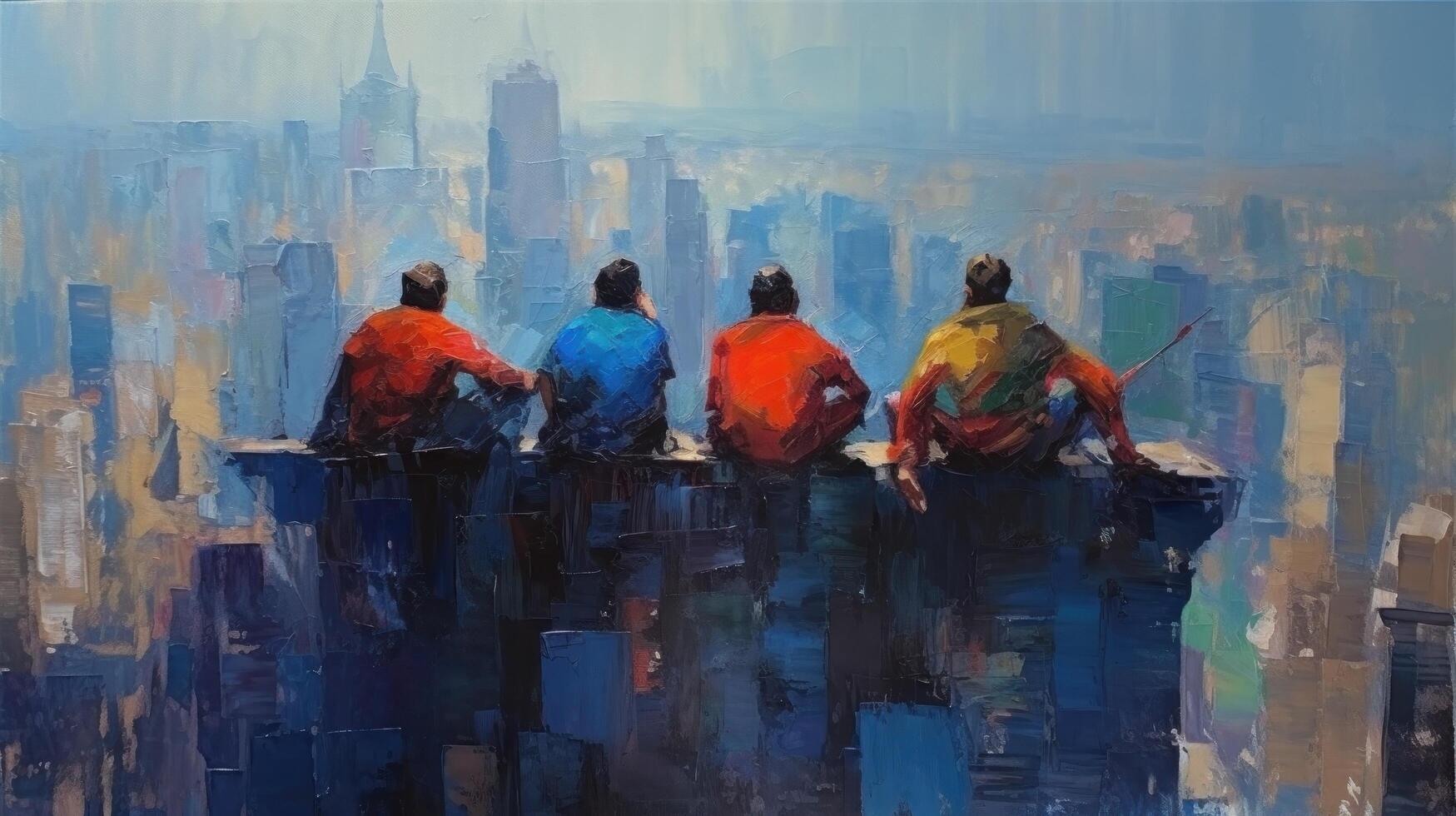 impressionist schilderij superhelden in stad. illustratie generatief ai foto