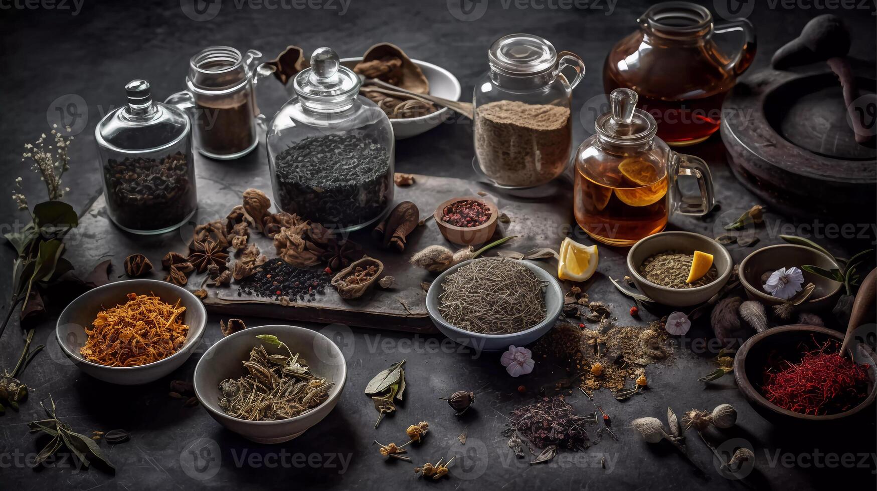 holistische thee behandeling een ingewikkeld beeld van een kruiden thee assortiment met vers en droog ingrediënt generatief ai foto