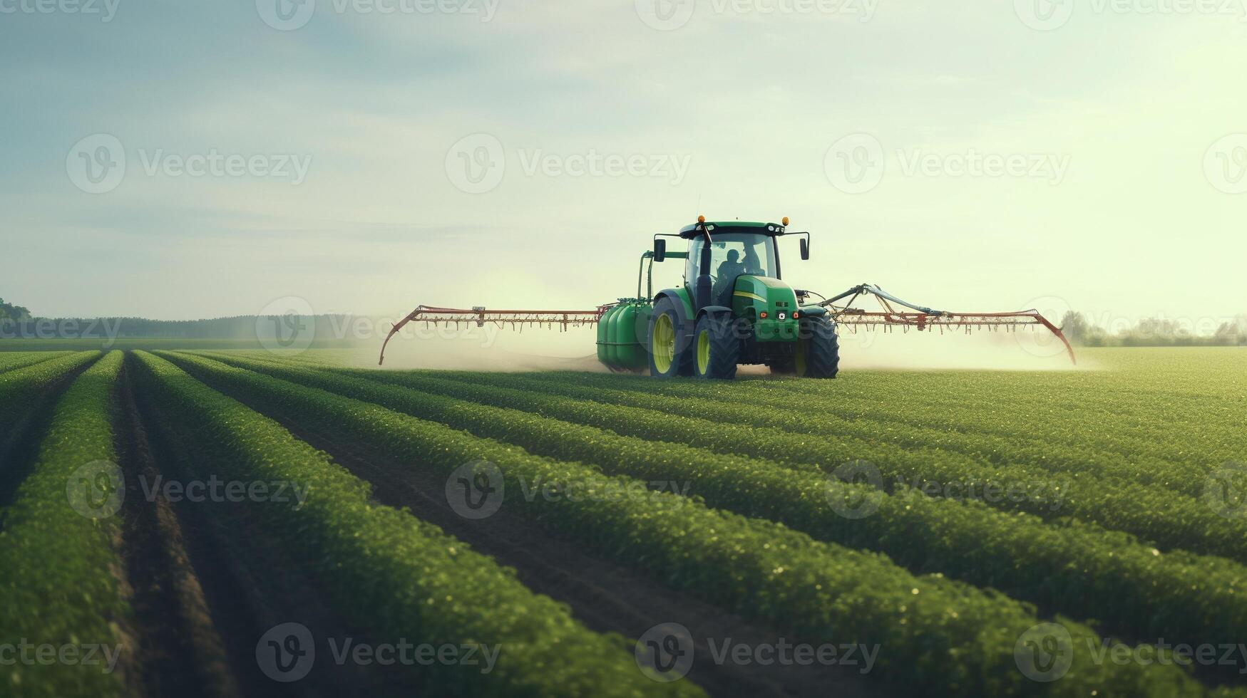 generatief ai, trekker sproeien een veld, boerderij landschap, agrarisch mooi platteland, land weg. natuur illustratie, fotorealistisch top visie horizontaal spandoek. foto