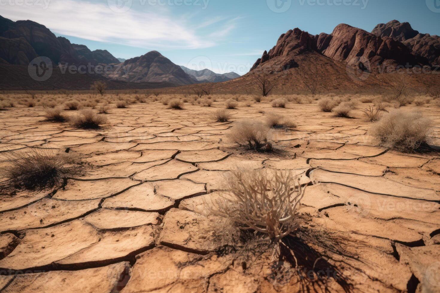 woestijn planten in droogte gebarsten grond generatief ai foto