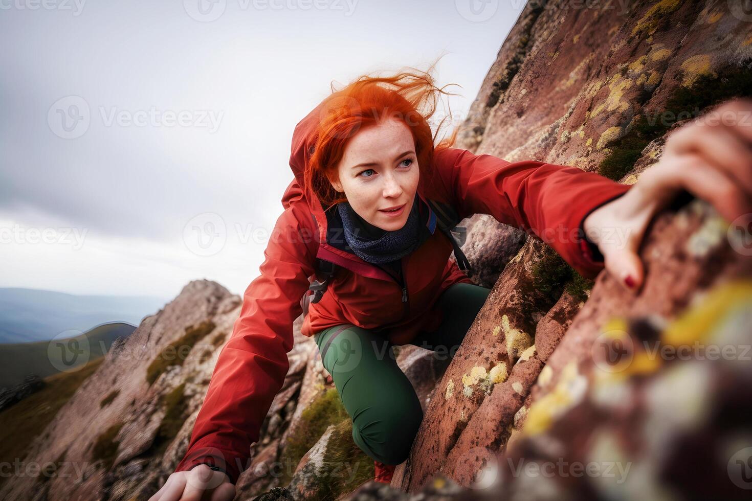 generatief ai inhoud, jong Kaukasisch vrouw met rood haar, vrouw wandelaar klimt een steen. kopiëren Plakken, generatief ai inhoud, foto