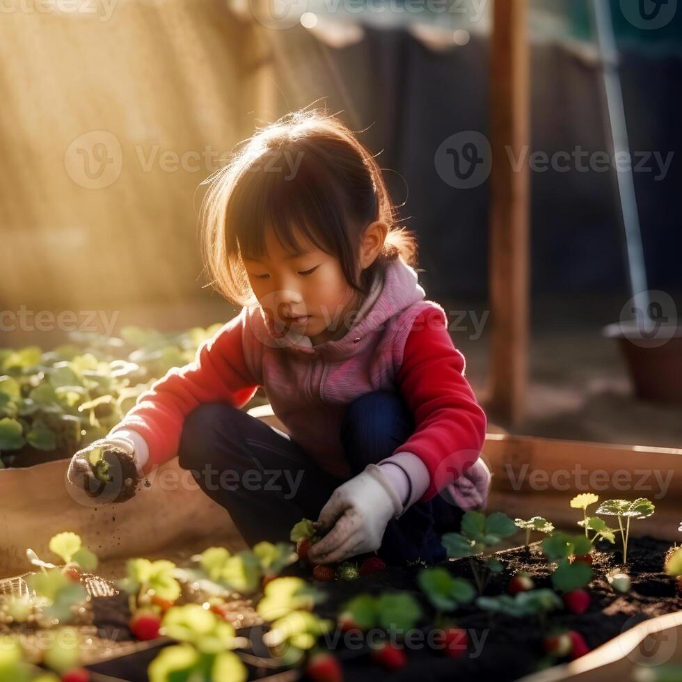 generatief ai inhoud, weinig meisje picks biologisch aardbeien in een mand. Aan een fruit veld- Aan een zonnig zomer dag. generatief ai inhoud, foto