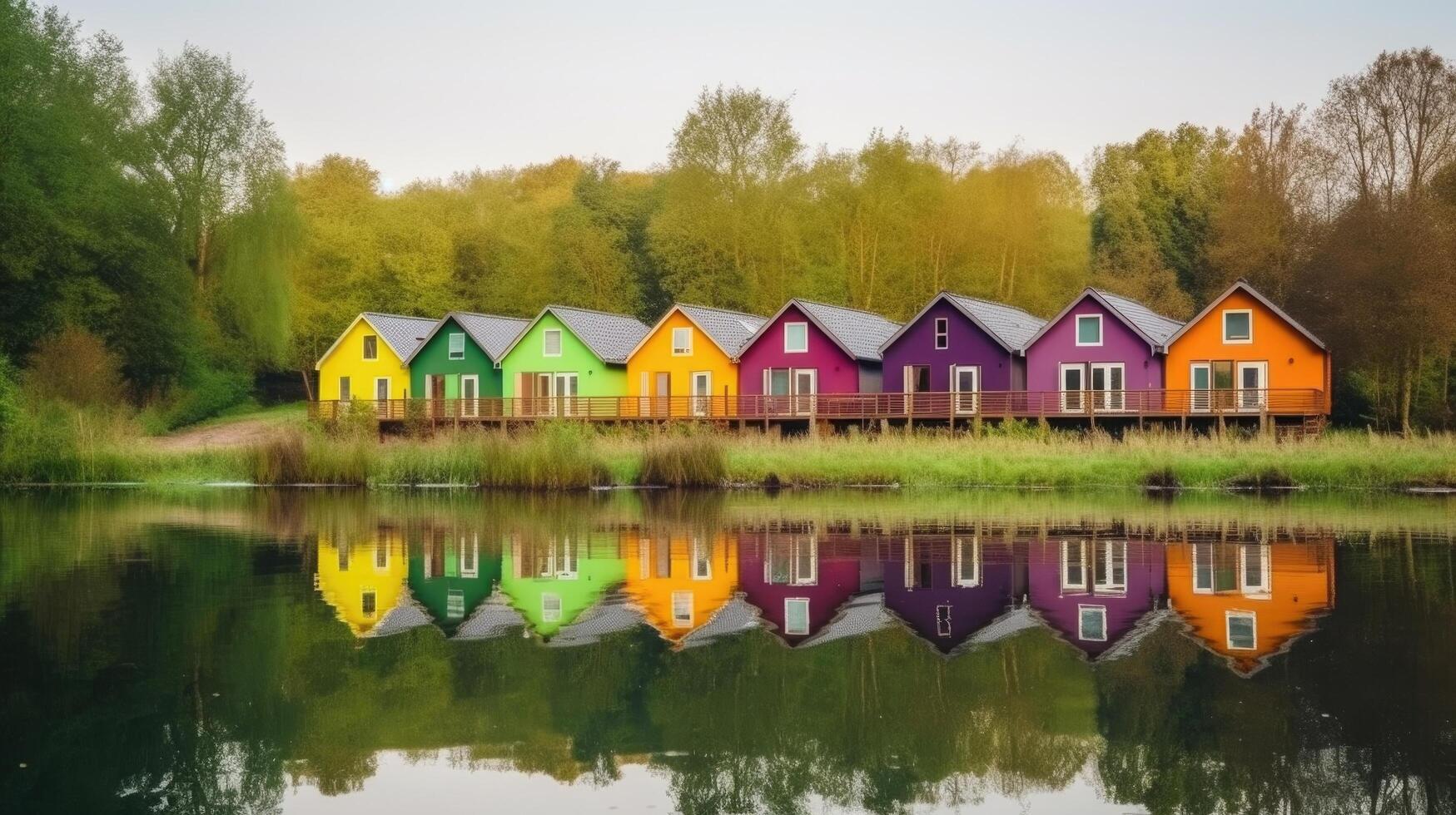 rij van kleurrijk houten huizen. illustratie ai generatief foto
