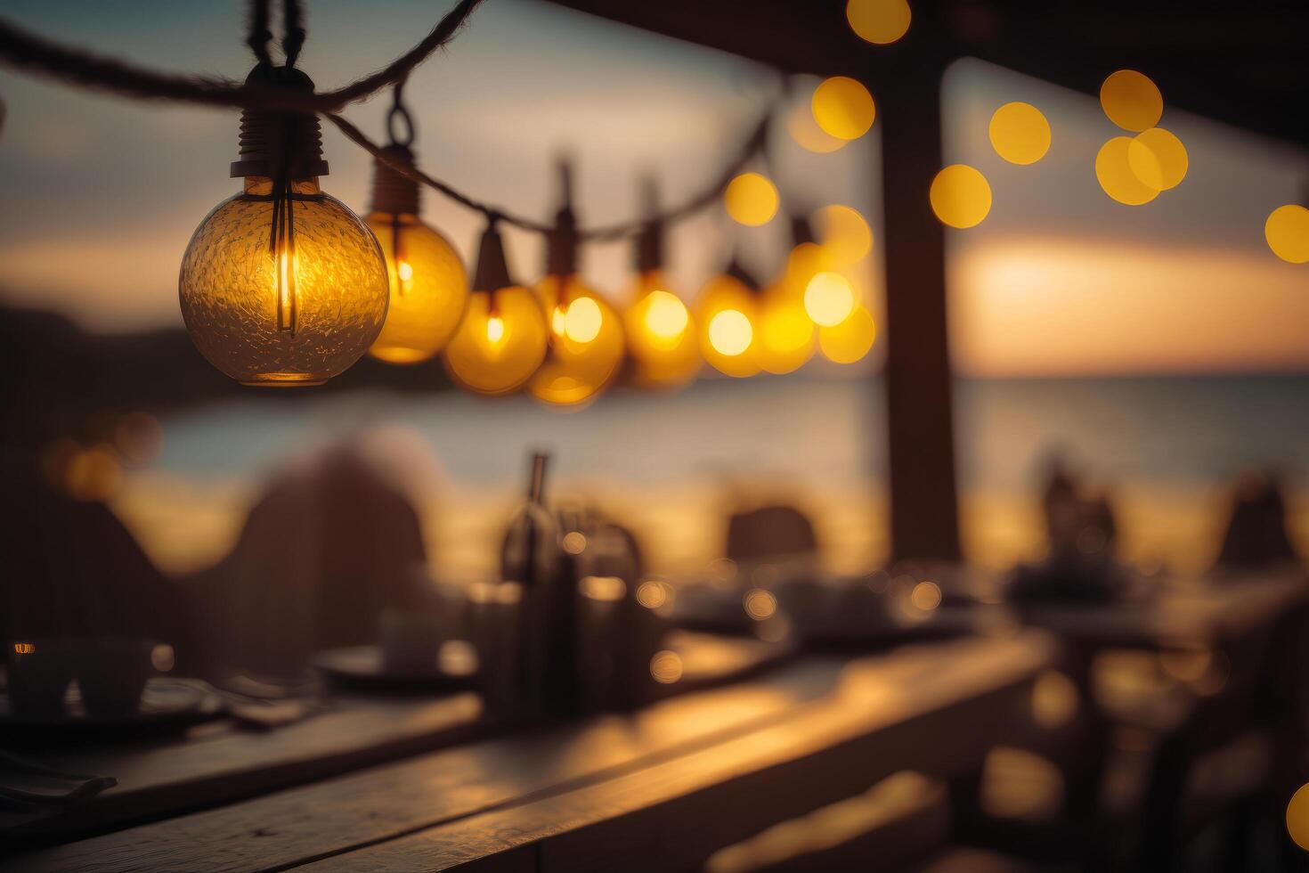 lichten in zomer strand cafe. illustratie ai generatief foto