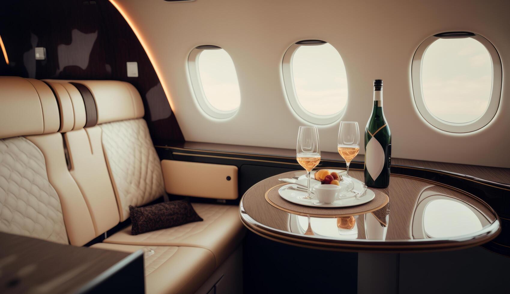 interieur van luxueus privaat Jet met leer stoelen illustratie ai generatief foto