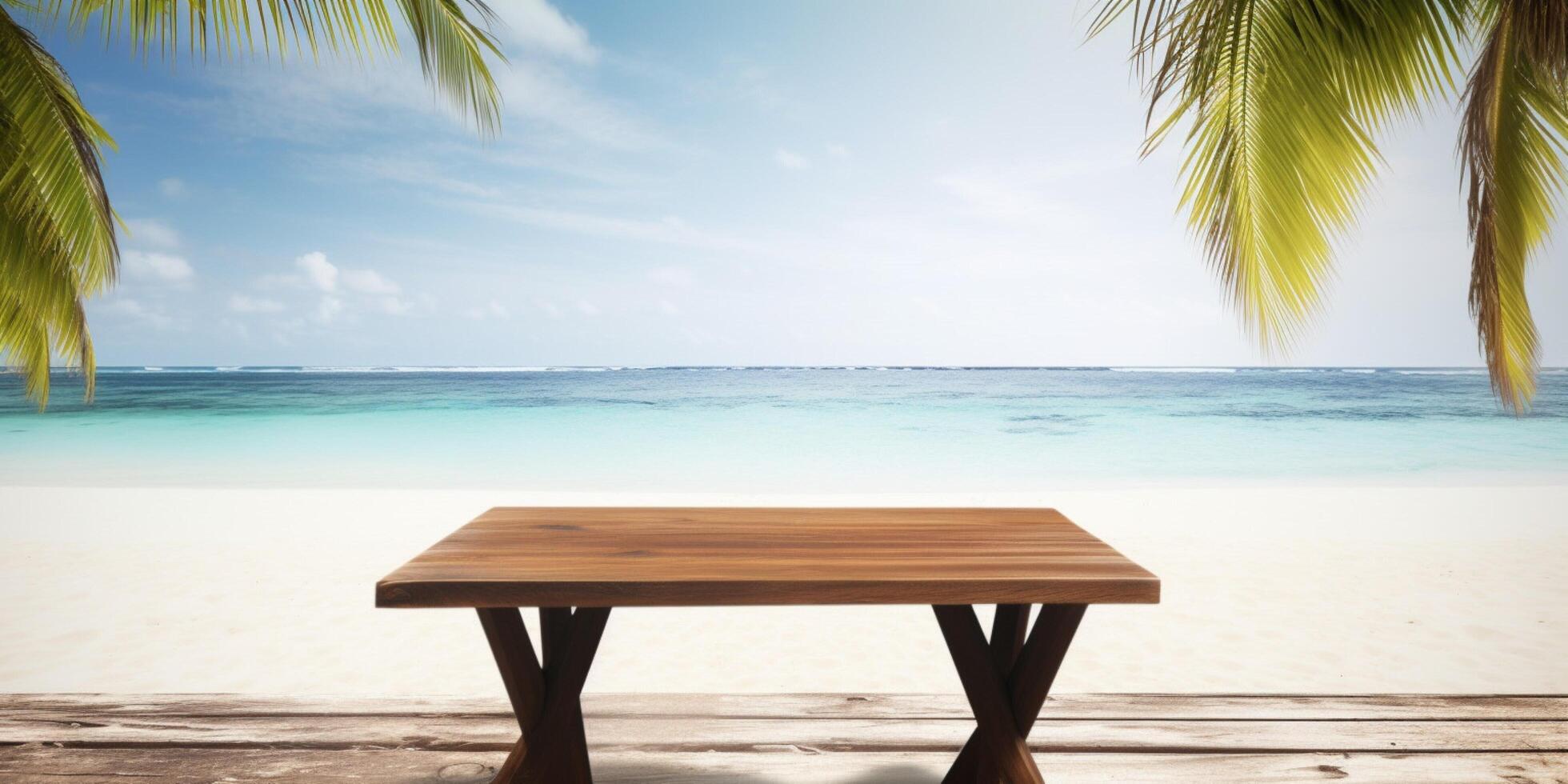 een houten tafel Aan een strand met een palm boom ai gegenereerd foto