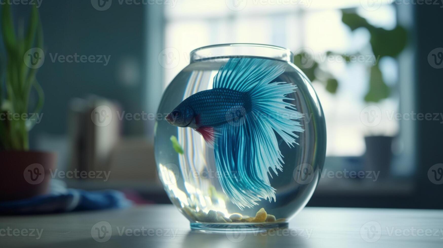 betta vis in ronde glas aquarium Aan tafel. ai generatief foto