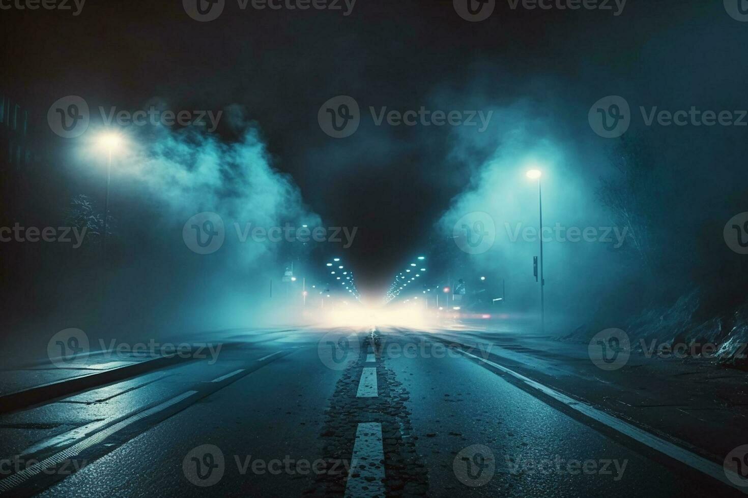 asfalt blauw donker straat met rook. stralen, schijnwerpers neon licht ai gegenereerd foto