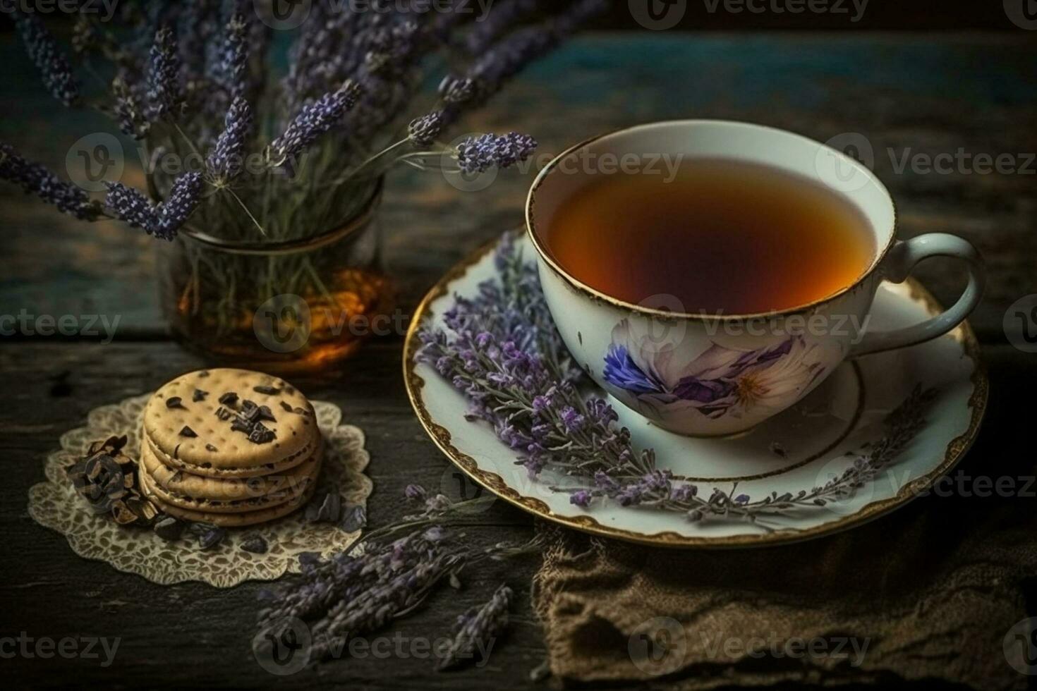 kop van thee met lavendel bloemen Aan een houten tafel ai gegenereerd foto