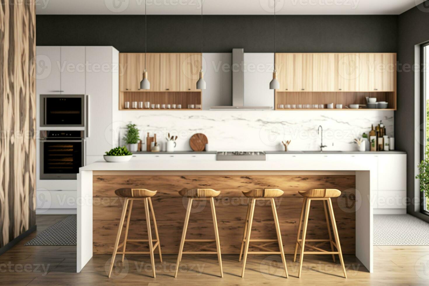 modern wit en houten keuken interieur ontwerp architectuur idee ai gegenereerd foto