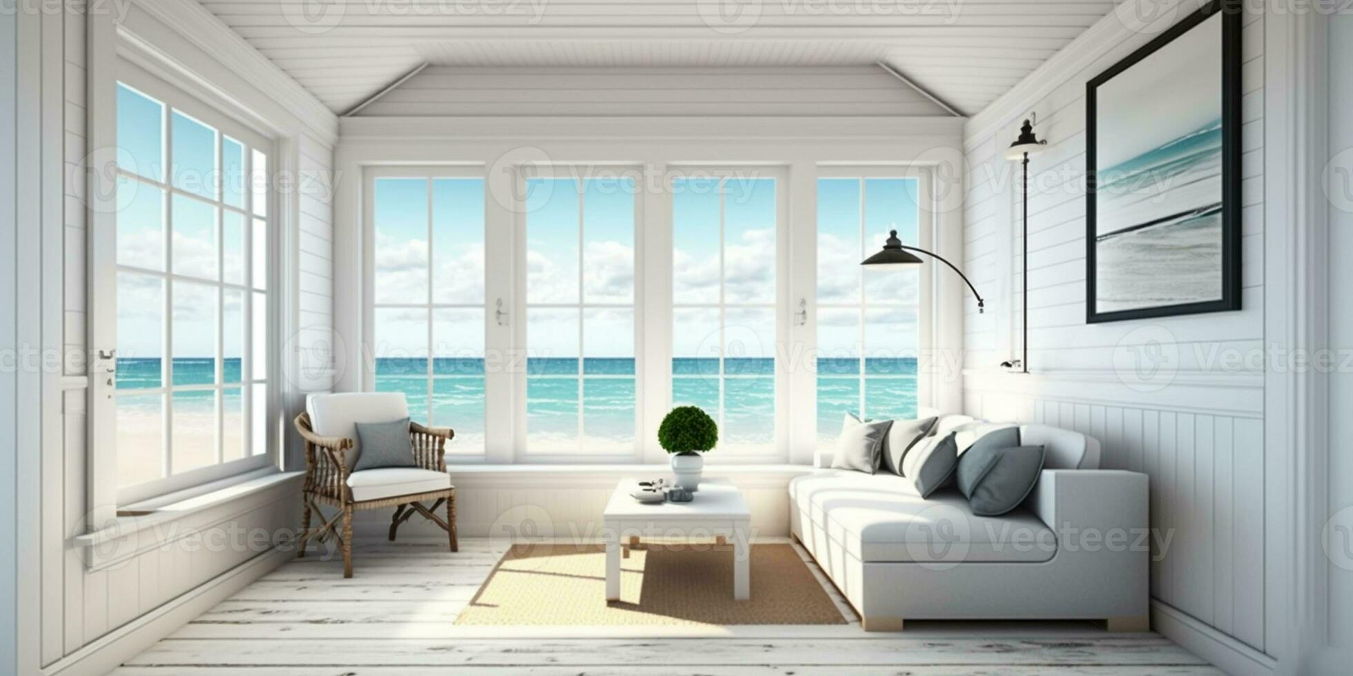 leven kamer met houten vloer, wit muur achtergrond, luxe zee strand huis ai gegenereerd foto