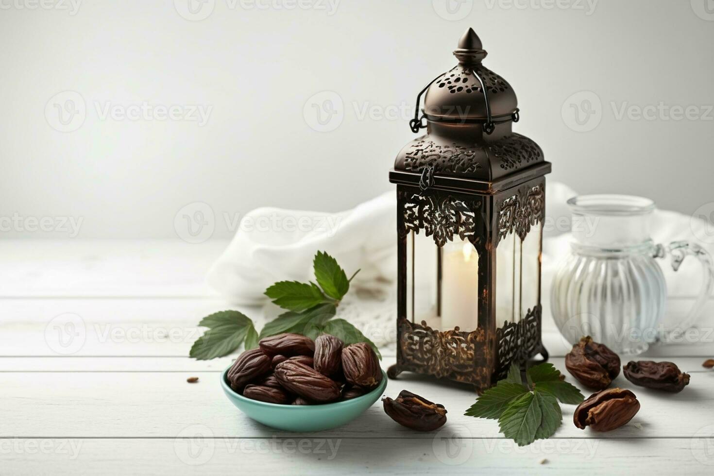 Ramadan lantaarn met melk, datums fruit en munt bladeren Aan een wit houten tafel achtergrond ai gegenereerd foto