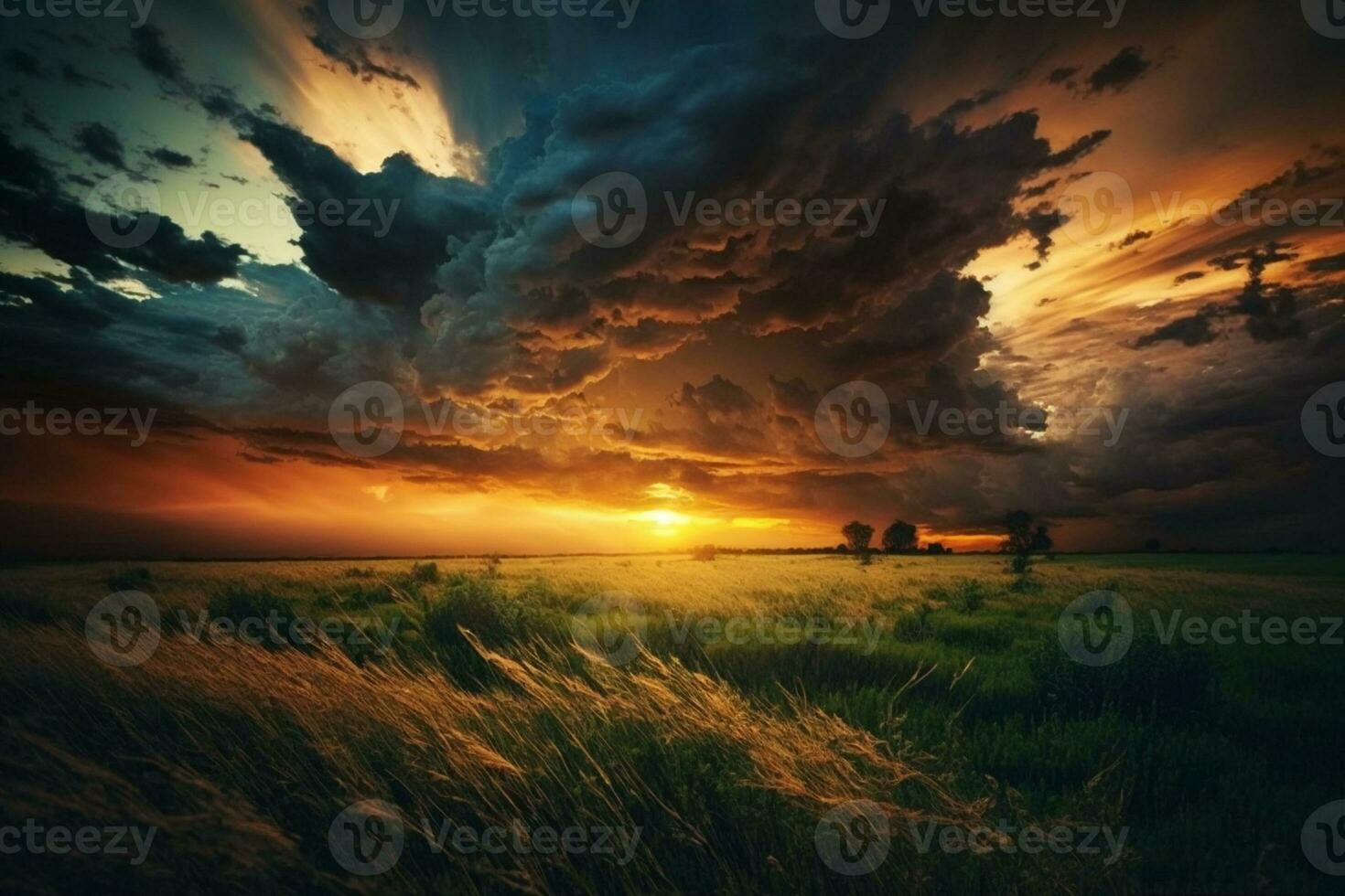 mooi zonsondergang met dramatisch wolken over- met gras begroeid veld- ai gegenereerd foto