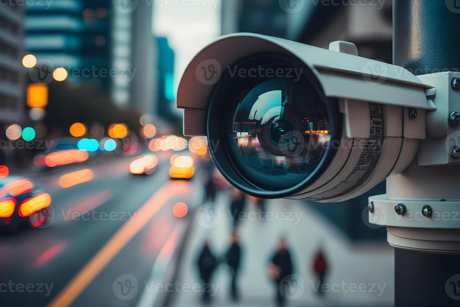 cctv camera of toezicht in werking Aan straat en gebouw Bij nacht. neurale netwerk ai gegenereerd foto