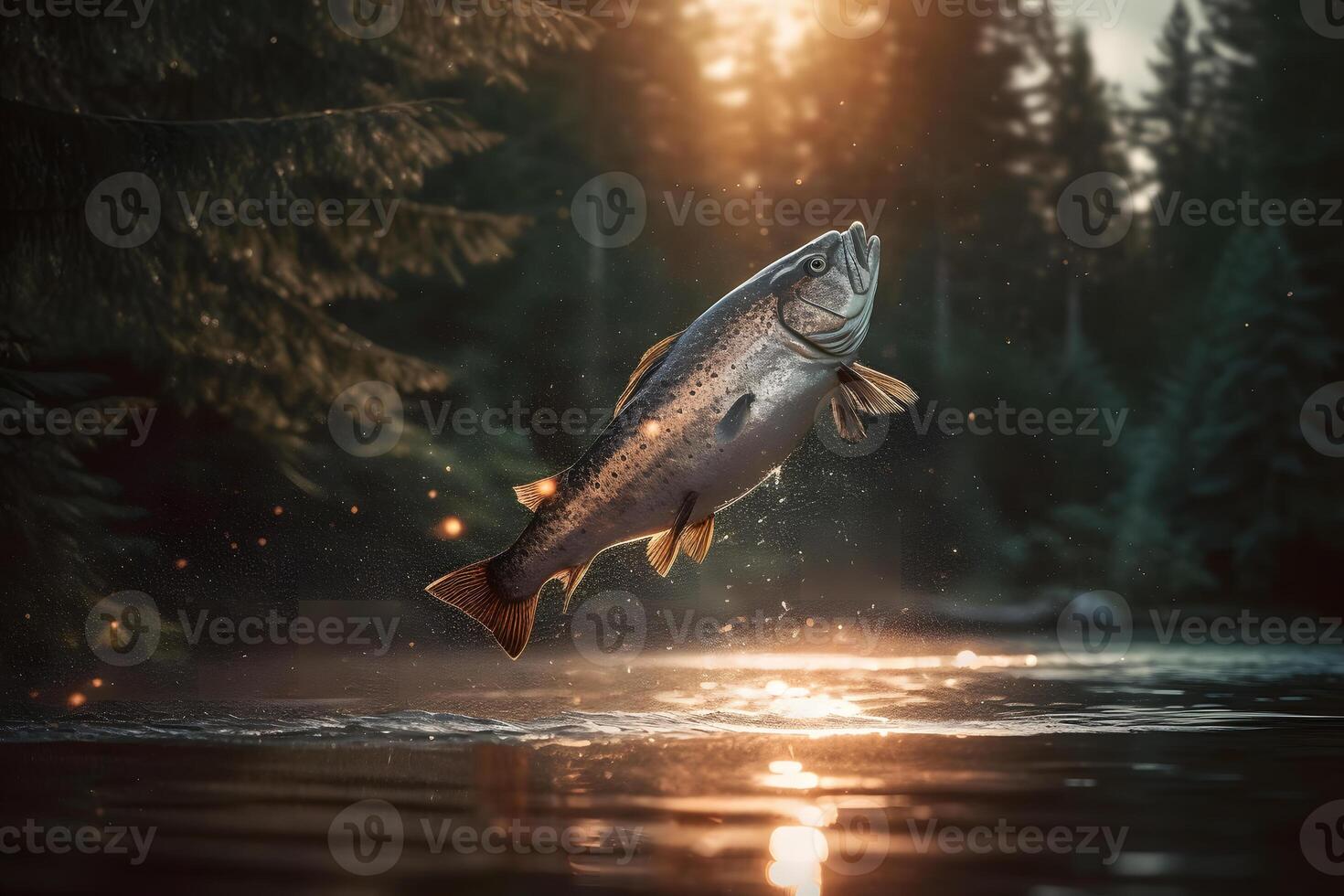 vis jumping uit van de water. neurale netwerk ai gegenereerd foto