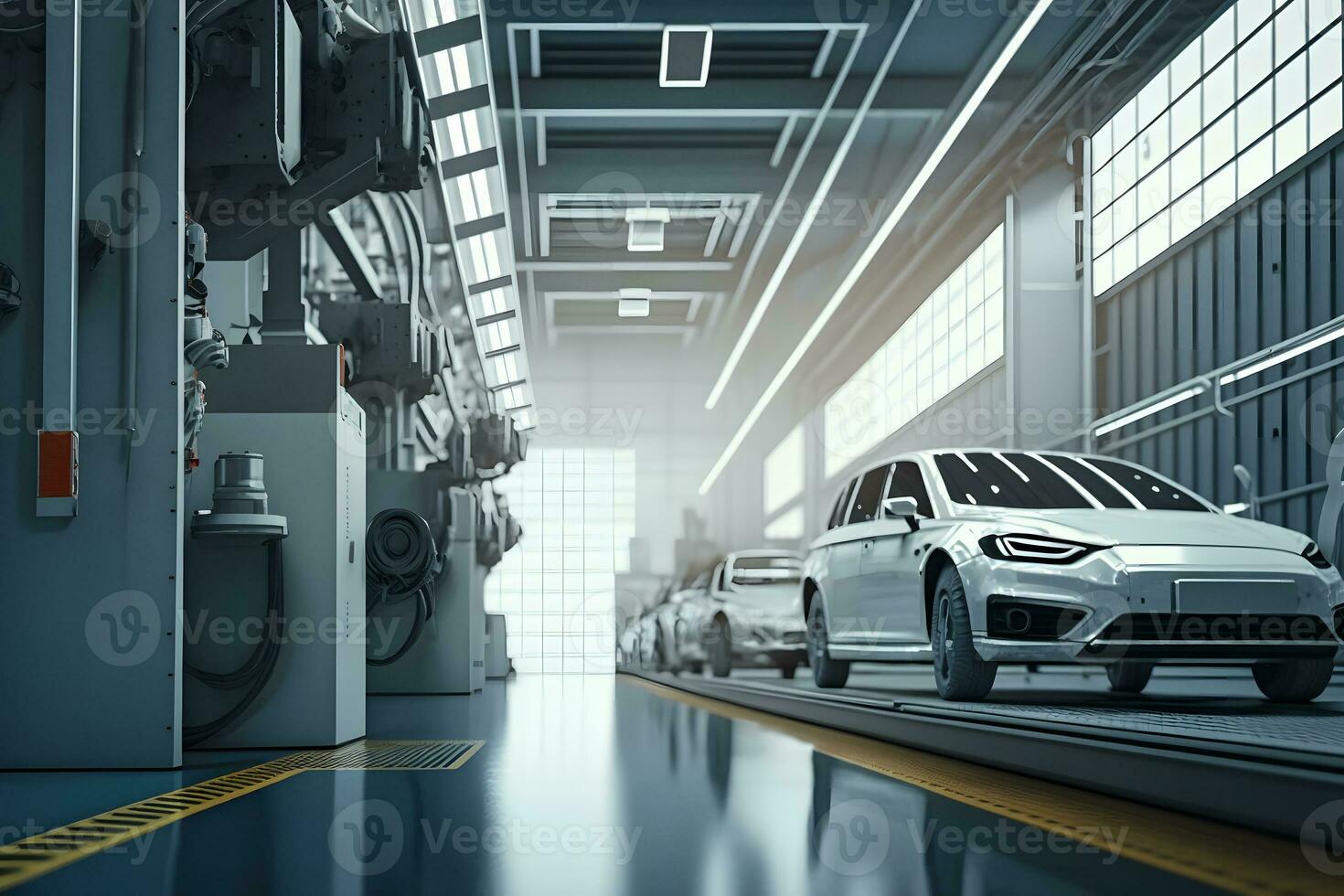 automatisering auto fabriek concept. robot bijeenkomst lijn in auto productie. neurale netwerk gegenereerd kunst foto
