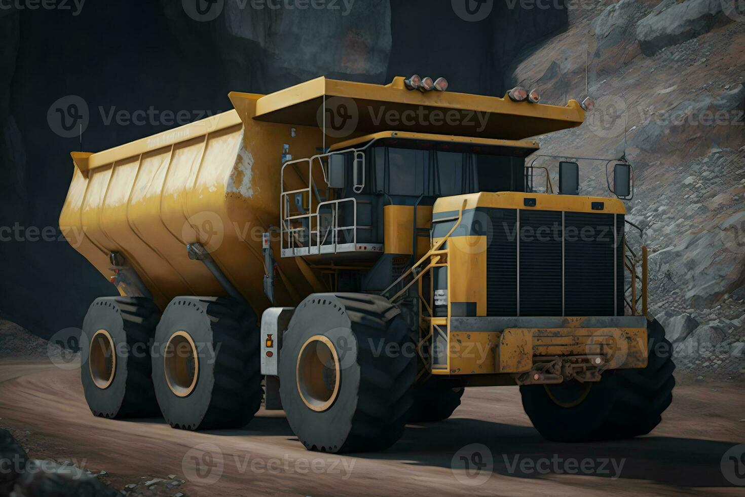 Open pit de mijne, extractief industrie voor steenkool. groot geel mijnbouw vrachtauto machinerie voor steenkool groeve. neurale netwerk gegenereerd kunst foto