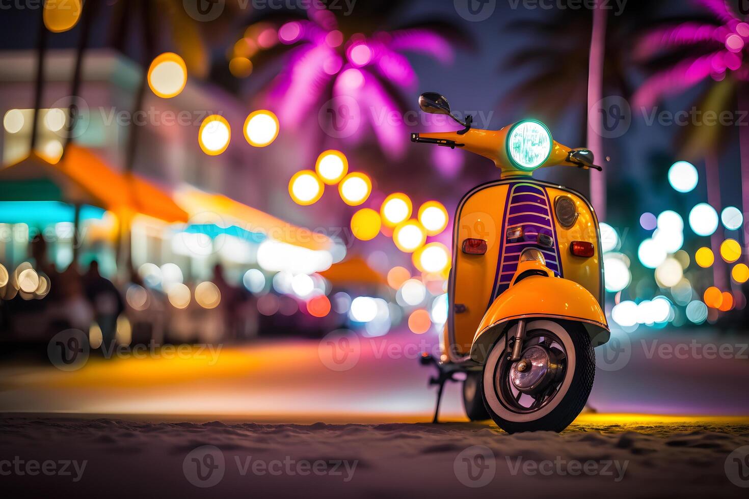 scooter bromfiets Bij oceaan rit Miami strand Bij nacht met neon lichten van hotels. neurale netwerk ai gegenereerd foto