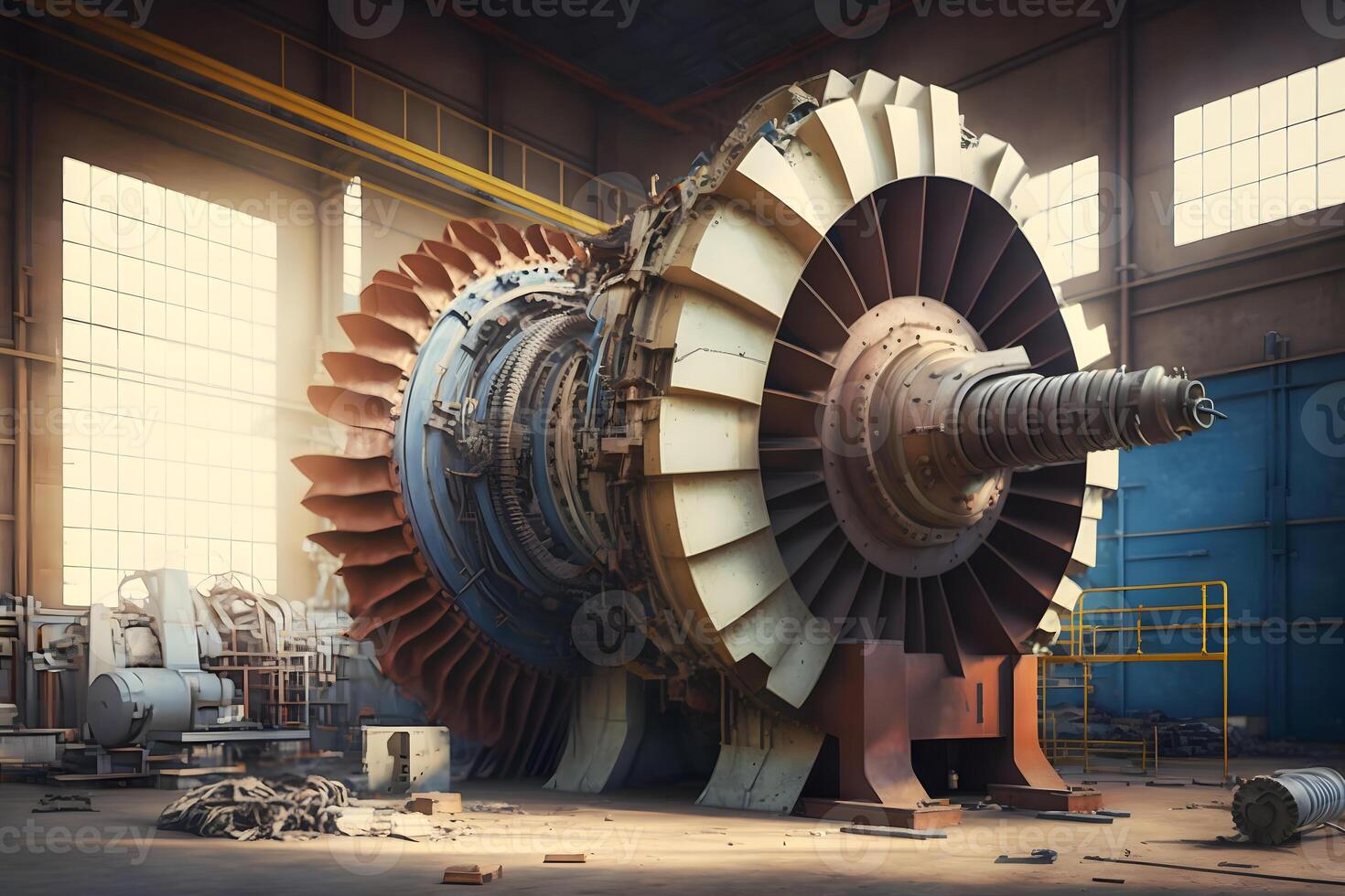 arbeiders in elkaar zetten en construeren gas- turbines in een modern industrieel fabriek. neurale netwerk ai gegenereerd foto