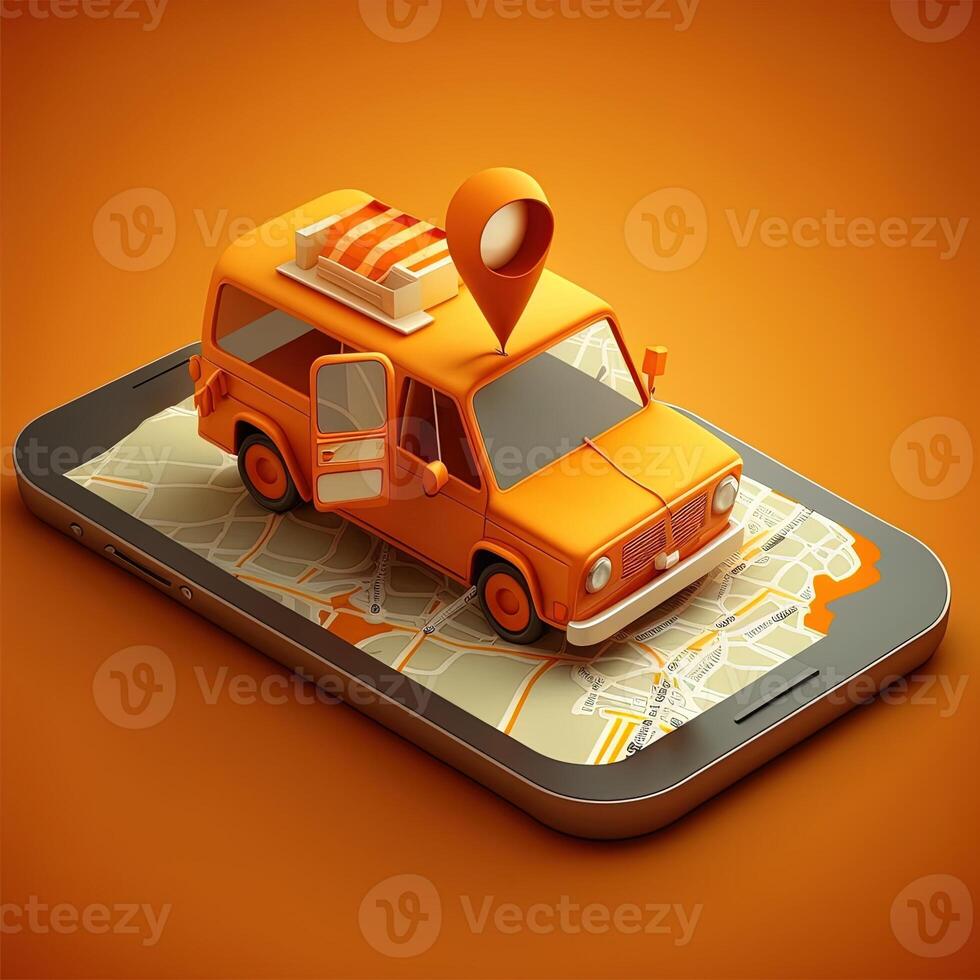 online mobiel toepassing taxi bestellen onderhoud , oranje taxi auto het rijden langs de route naar de markeerstift Aan een slim telefoon, Aan een stad kaart. auto en satelliet navigatie systemen concept. generatief ai foto