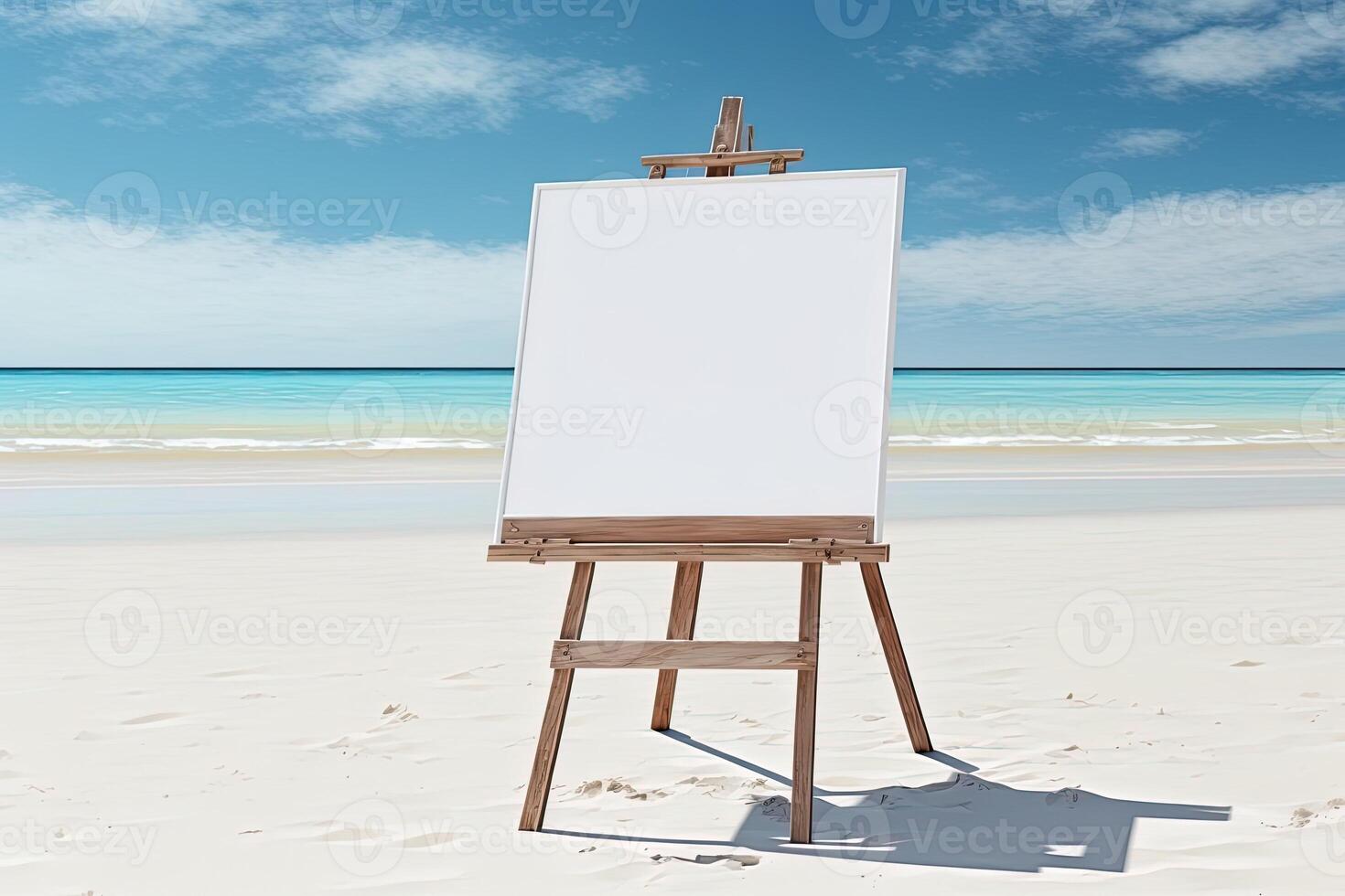 wit blanco artiest kader Aan een klein houten ezel Aan zomer zee strand achtergrond met kopiëren ruimte. reclame mockup tekengebied voor afbeeldingen of kunstwerk. schilderij kader sjabloon spandoek. generatief ai foto