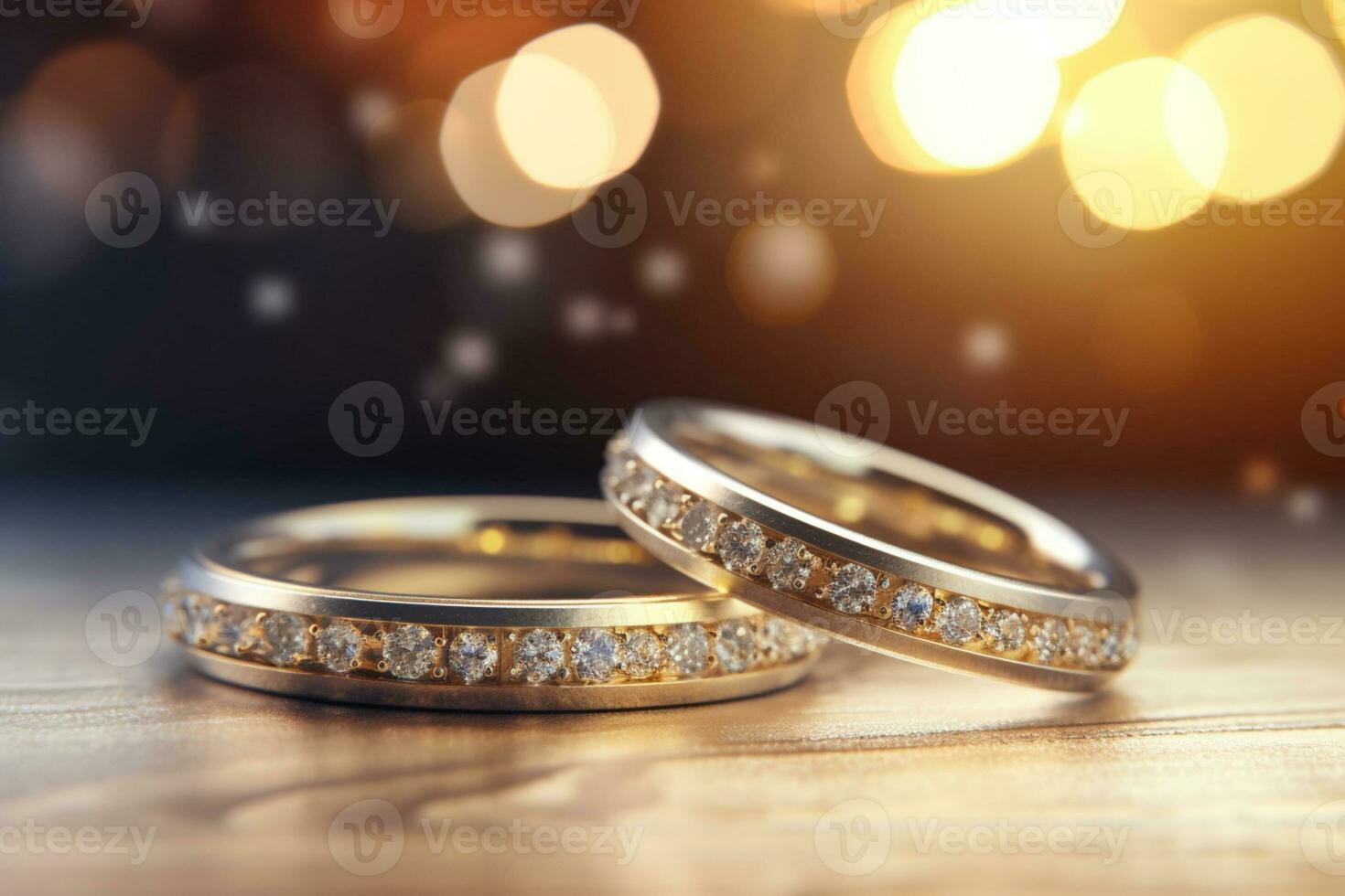 bruiloft ringen met zilver en goud Aan bokeh achtergrond in de stijl van schitteren en diamant stof. detailopname foto met kopiëren ruimte voor tekst