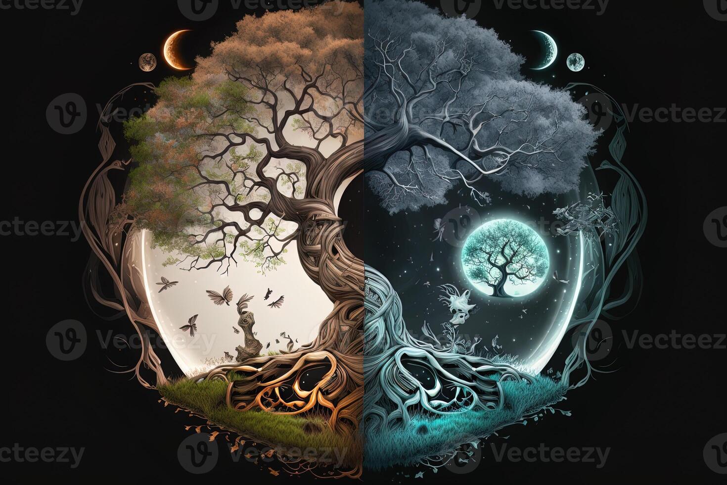 ying yang concept van balans yggdrasil boom van leven norse mythologie. balans concept. generatief ai foto