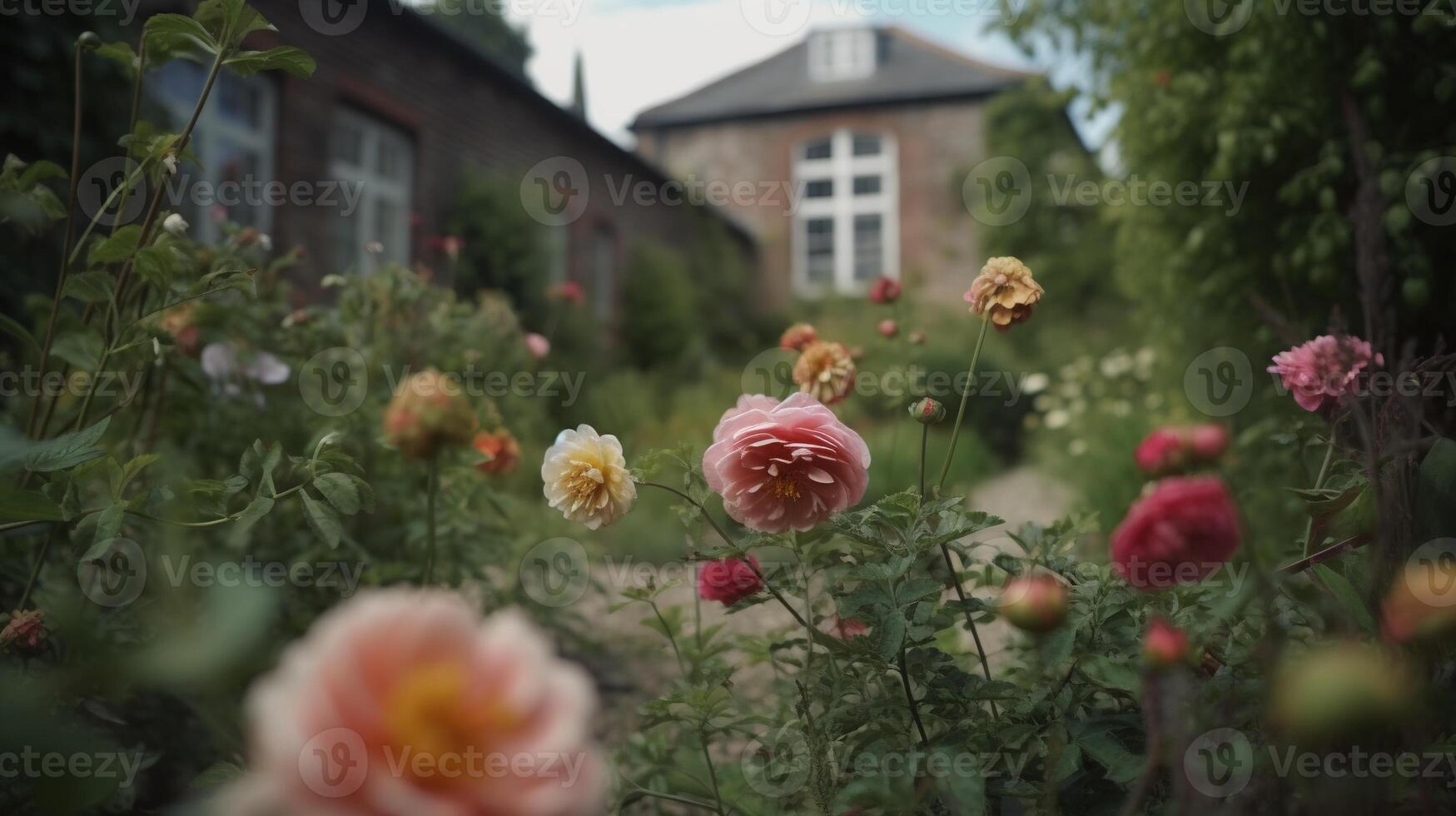 generatief ai, mooi zomer privaat tuin met veel bloemen en planten, natuur landschap, Engels platteland huisje stijl foto