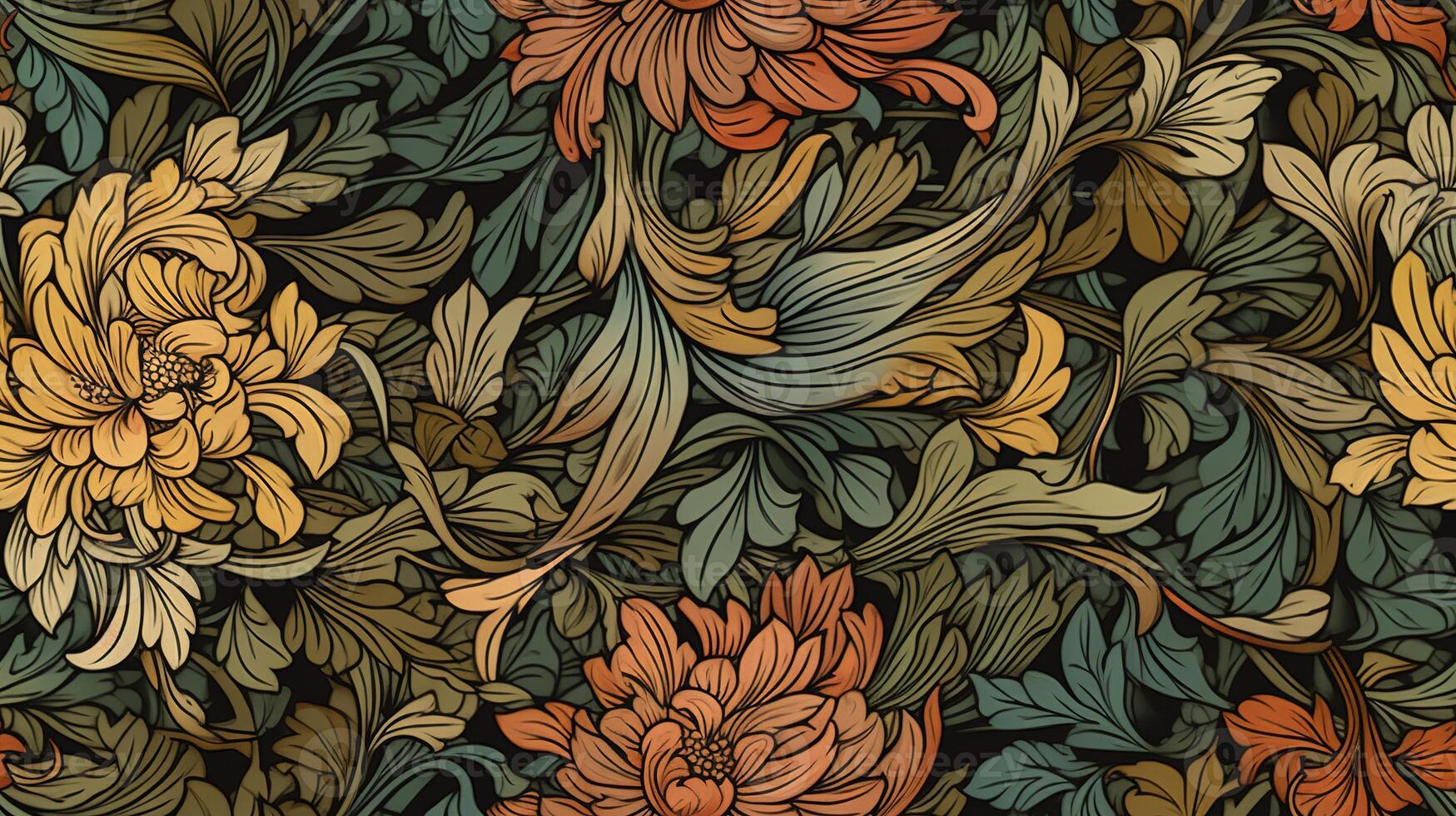 generatief ai, bloemen kleurrijk patroon. William morris geïnspireerd natuurlijk planten en bloemen achtergrond, wijnoogst illustratie. gebladerte ornament. foto