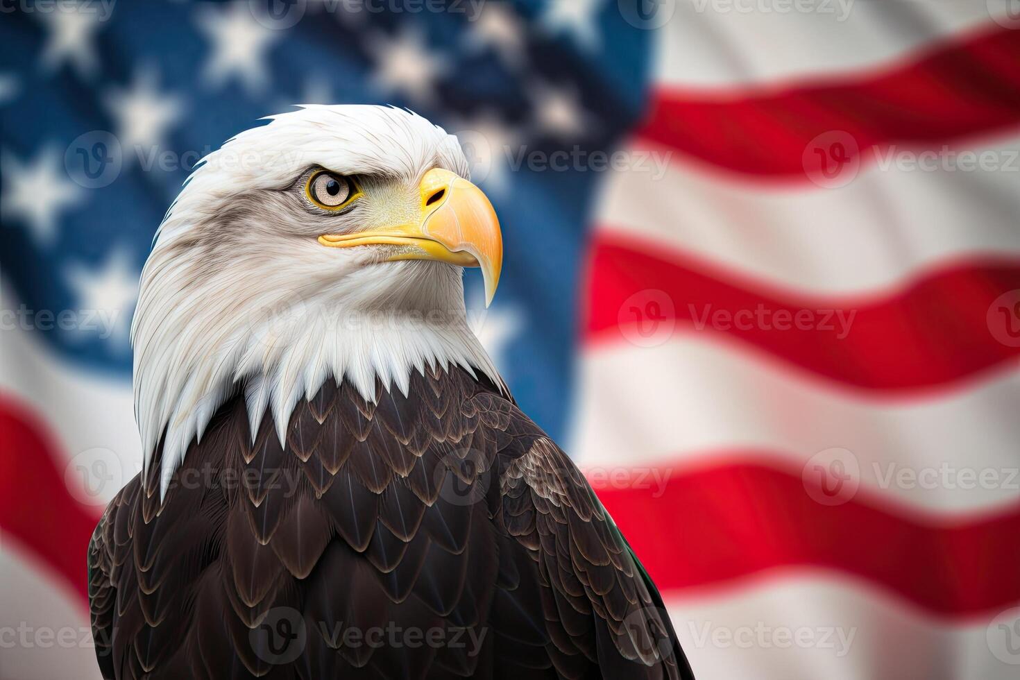 kaal adelaar met Verenigde Staten van Amerika vlag in de achtergrond. ai generatief foto