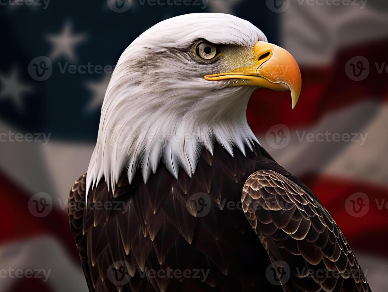 kaal adelaar met Verenigde Staten van Amerika vlag in de achtergrond. ai generatief foto