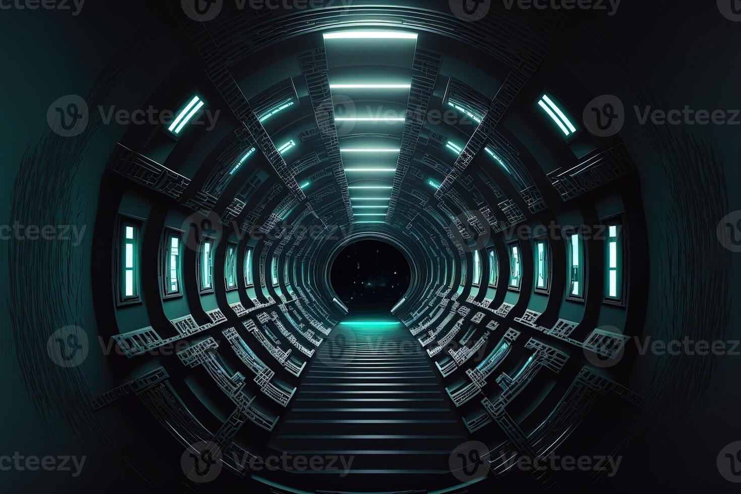 sci-fi cyber futuristische leeg generatief ai tunnel achtergrond Uitgang of doel vooruit. abstract cyber of digitaal speedway concept cyberpunk cyber synth tunnel gang foto