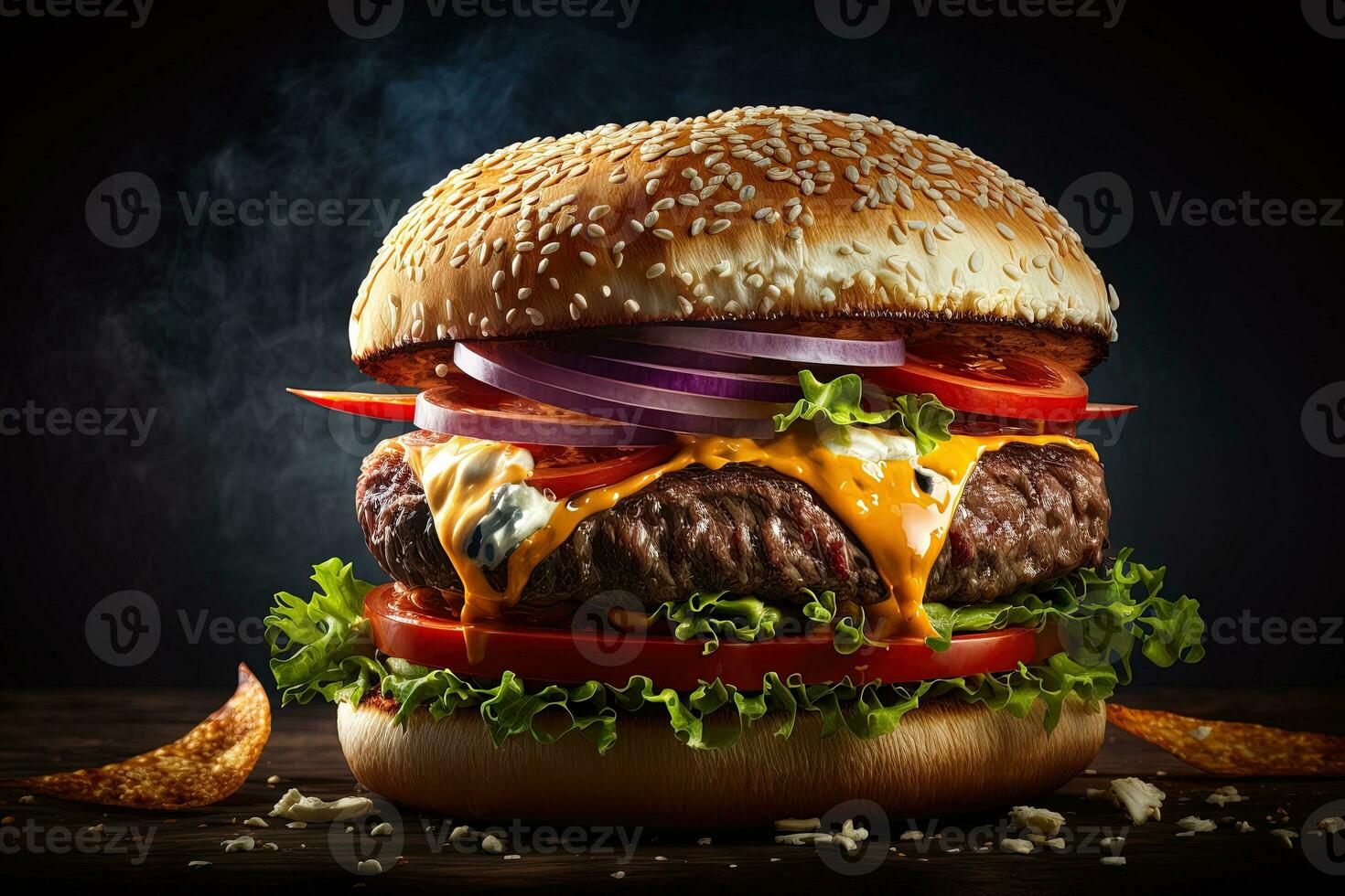 detailopname van een sappig hamburger met Patat, het kijken heel verrukkelijk. groot belegd broodje - Hamburger met sappig rundvlees hamburger, kaas, tomaat, en rood ui. foto