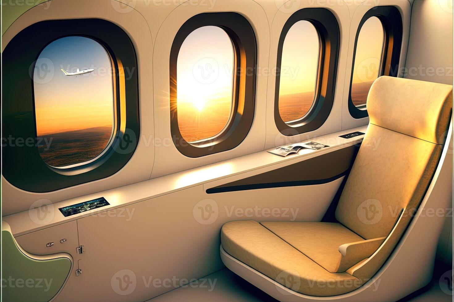 luxueus eerste klasse vliegtuig stoel met veel van ramen. generatief ai visualisatie van de vip cabine van een bedrijf klasse vliegtuigen. interieur van een privaat Jet foto