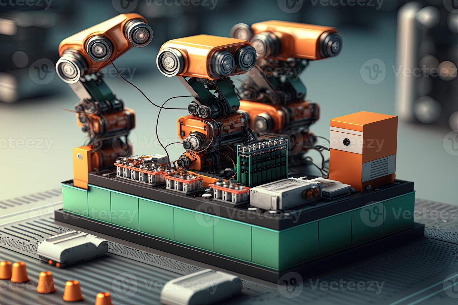 interieur van industrie fabriek, robot bijeenkomst lijn met elektrisch auto accu cellen module Aan platform. generatief ai foto