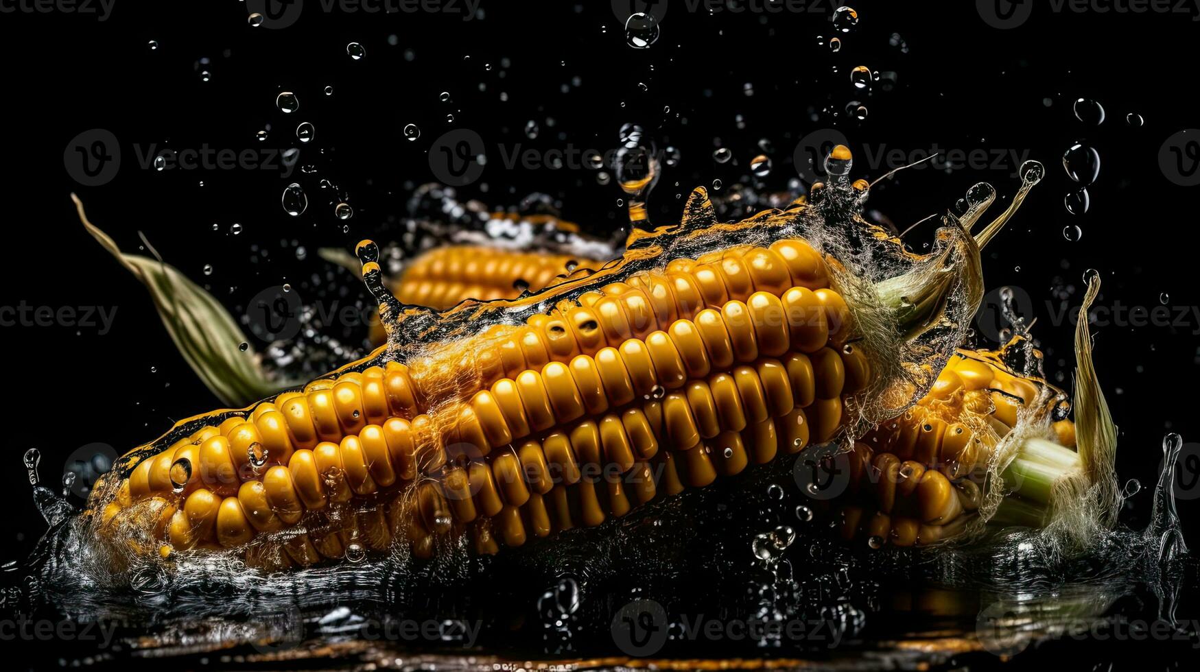 maïs raken door spatten van water met zwart achtergrond en vervagen foto