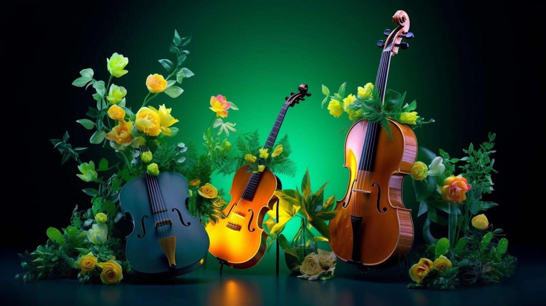 land muziek- festival poster met akoestisch gitaar en bloemen. generatief ai foto