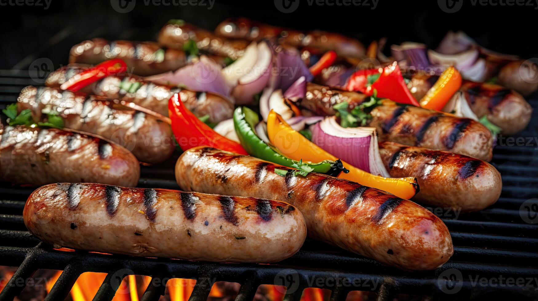 gegrild worstjes en groenten Aan een vlammend bbq grillen. een heerlijk voedsel poster voor zomer dineren. generatief ai foto