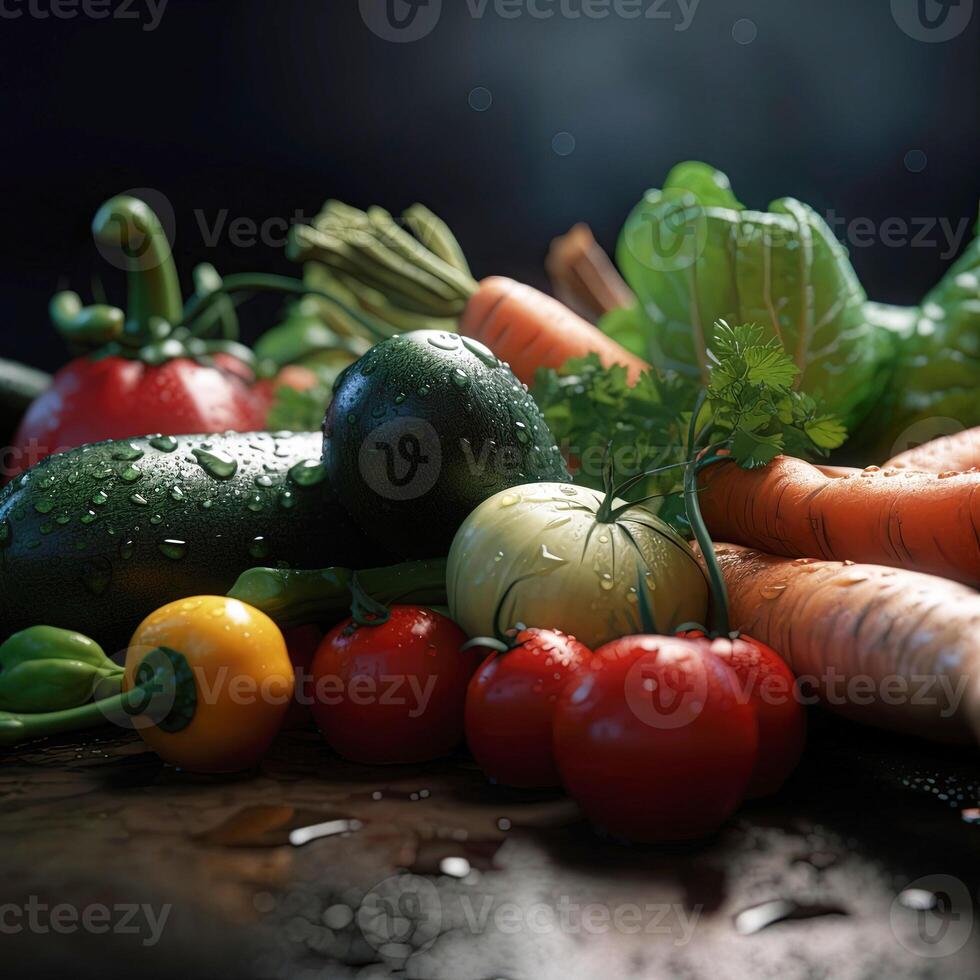 groot reeks biologisch voedsel. vers rauw groenten. Aan een zwart achtergrond. generatief ai foto