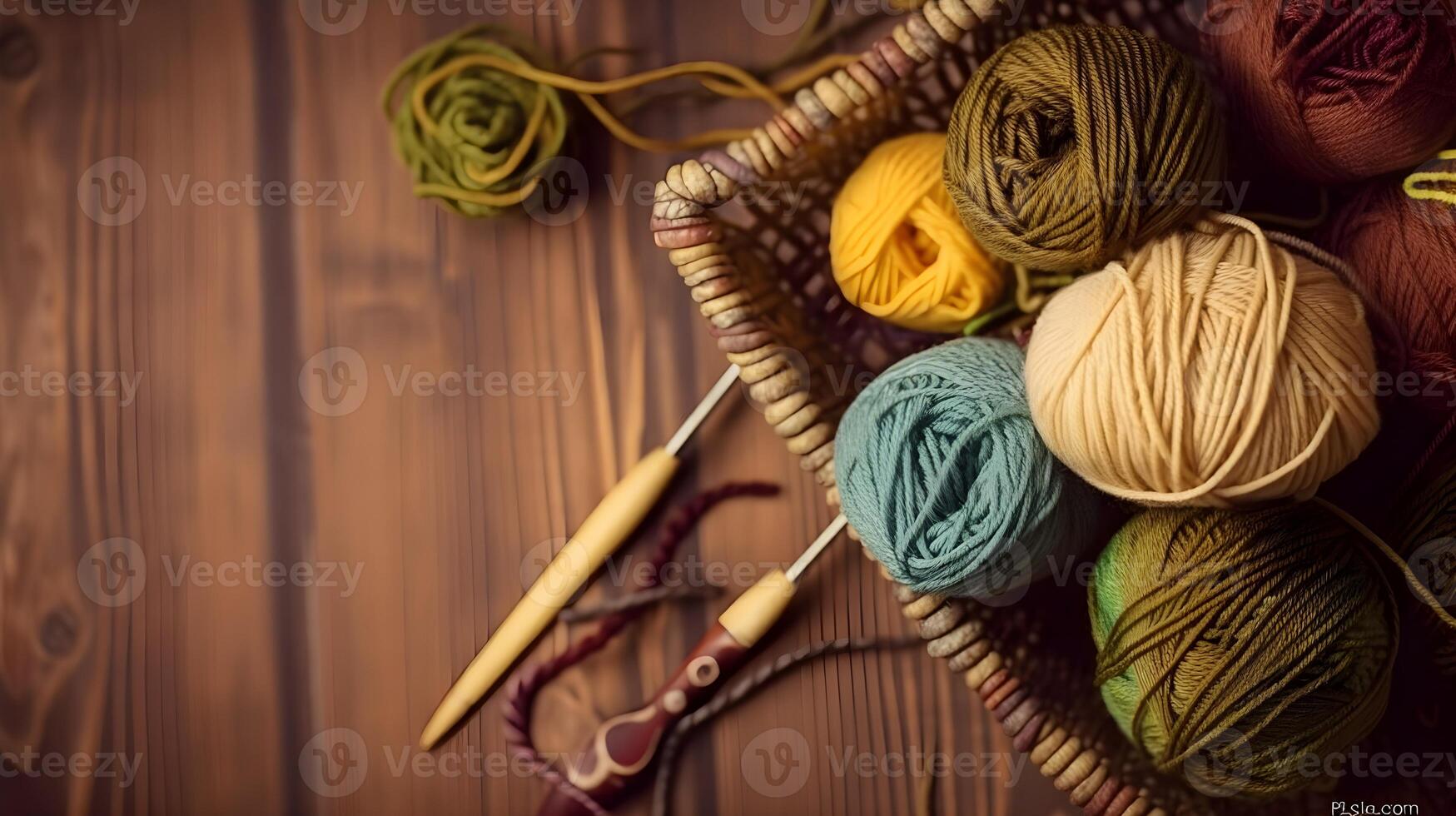 haken en breiwerk hobby. kleurrijk ballen van garen, breiwerk naalden Aan tafel, met kopiëren ruimte, vlak leggen, en hout achtergrond. foto