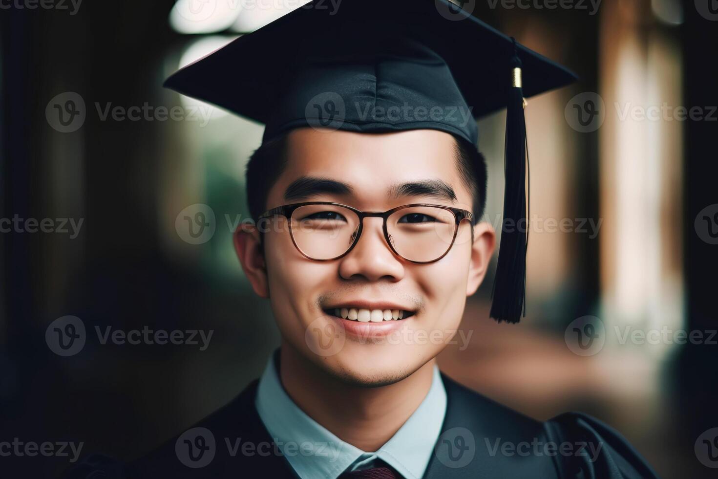 portret van Aziatisch Amerikaans jong Mens vervelend een diploma uitreiking kap. studie, opleiding, afstuderen concept. generatief ai illustratie foto