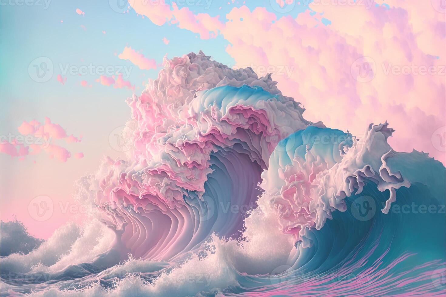 generatief ai een Golf van water en wolken in pastel kleuren en een roze en blauw tinten, met een licht roze en blauw getinte achtergrond van een wit en roze foto