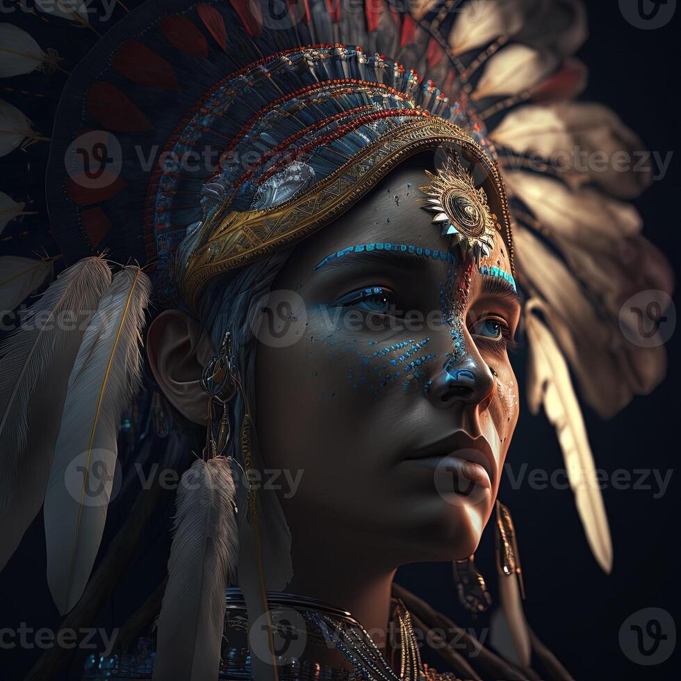 generatief ai inheems Amerikaans vrouw in ceremonieel hoofd jurk, reflectie van de silhouet van tribal voorvaders in haar ogen. dichtbij omhoog van kleurrijk gekleed inheems vrouw geïsoleerd Aan zwart achtergrond. foto