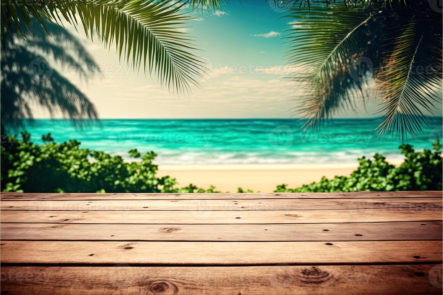 tropisch strand achtergrond met een houten tafel Aan de voorhoede en weelderig vegetatie met veel van kopiëren ruimte, perfect voor bewerken met uw Product. leeg klaar voor uw Product Scherm. generatief ai foto