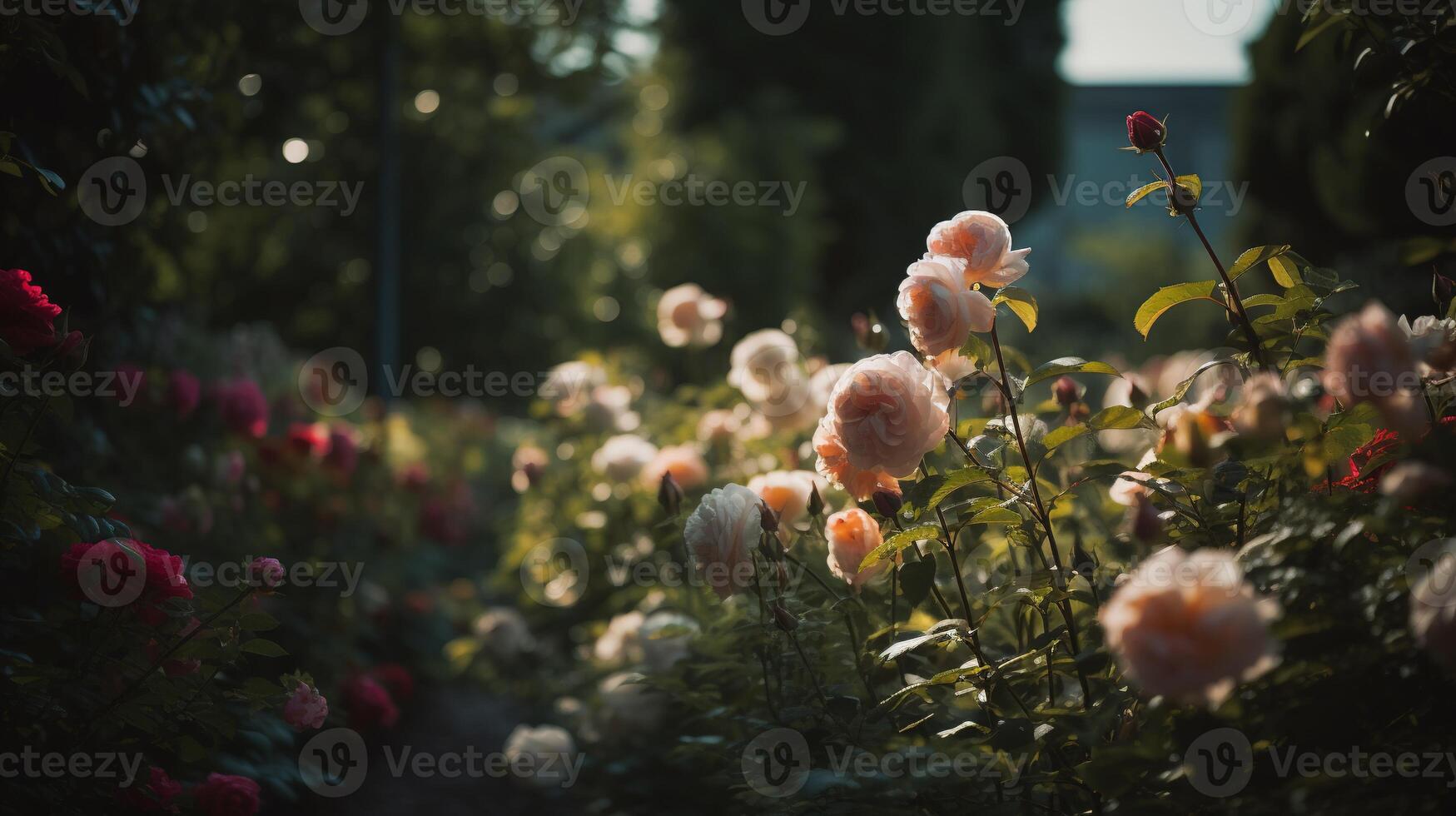 generatief ai, mooi zomer privaat tuin met veel bloemen en planten, natuur landschap, Engels platteland huisje stijl foto