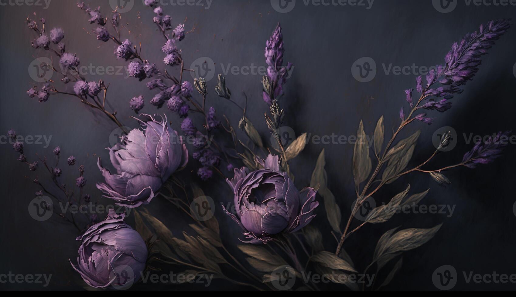 generatief ai, dichtbij omhoog van bloeiend bloemperken van verbazingwekkend lavendel Purper bloemen Aan donker humeurig bloemen getextureerde achtergrond. fotorealistisch effect. foto