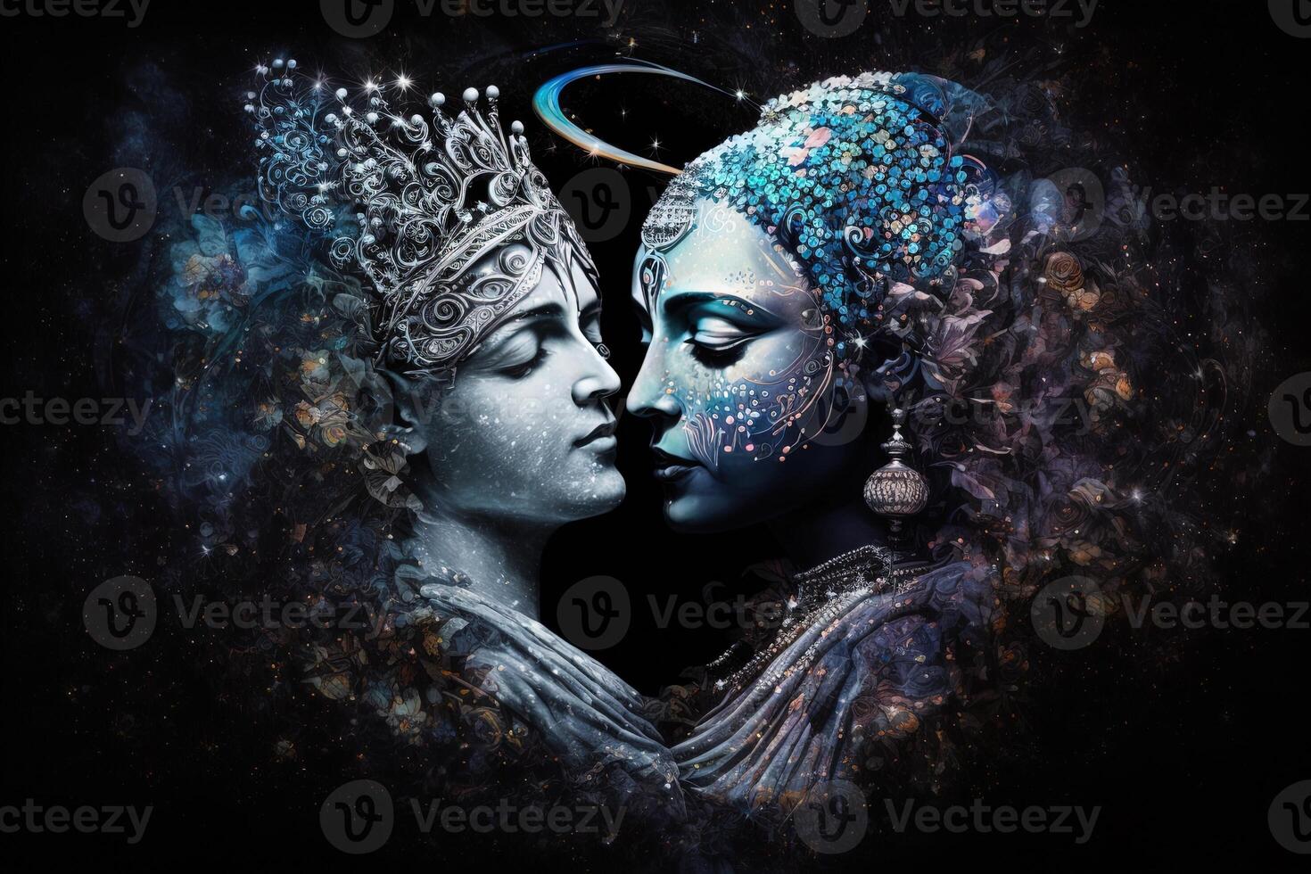 radha krishna in liefde medium schot fotografie portret van kosmisch galactisch generatief ai. symbool van goddelijk liefde. kunst afdrukken voor huis decor Hindoe paar Aan abstract decoratief achtergrond foto