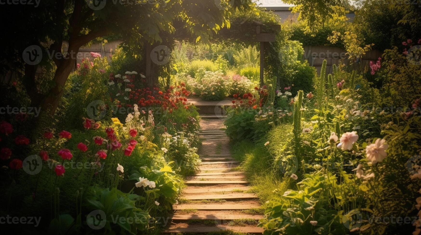 generatief ai, mooi zomer privaat tuin met veel bloemen en planten, natuur landschap, Engels platteland huisje stijl foto