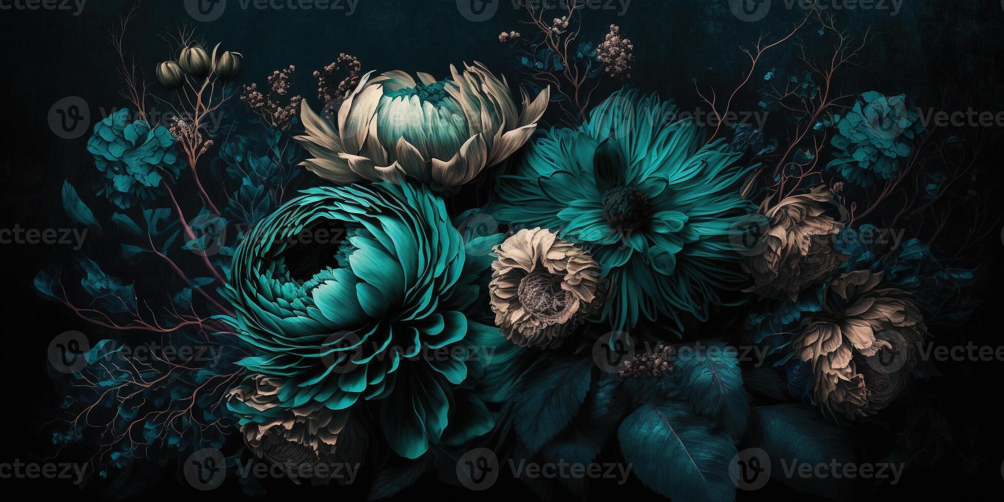 generatief ai, dichtbij omhoog van bloeiend bloemperken van verbazingwekkend taling bloemen Aan donker humeurig bloemen getextureerde achtergrond. fotorealistisch effect. foto